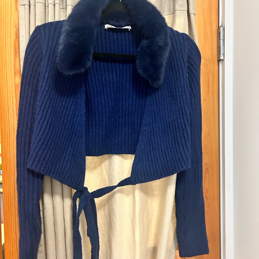 Zara Navy Blue Ribbed Sweater with Fur Collar